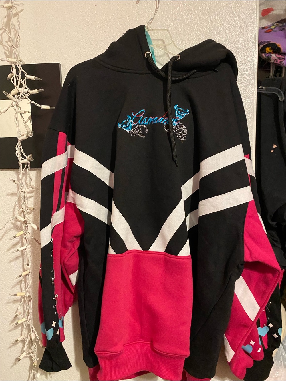Black & Hot Pink Graphic Hoodie with White Stripes